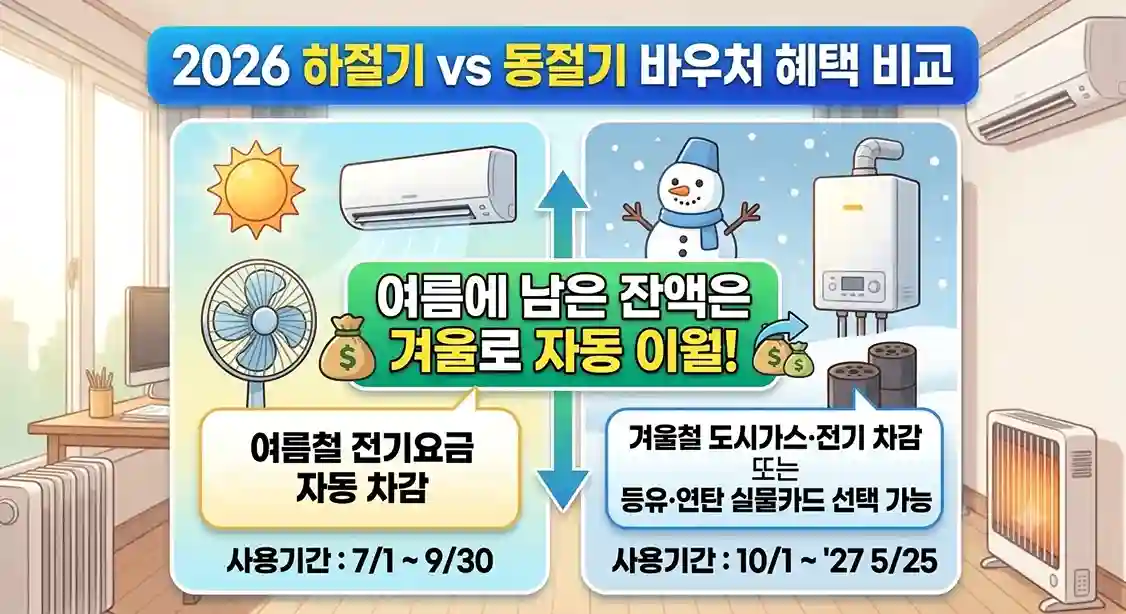 [2026 하절기 vs 동절기 바우처 혜택 비교]"라는 파란색 메인 배너가 상단에 있는 본문 삽입용 인포그래픽 이미지. 화면이 좌우로 나뉘어 있으며, 중앙에는 "여름에 남은 잔액은 겨울로 자동 이월!"이라는 핵심 문구와 상하 화살표가 녹색 박스 안에 크게 강조되어 있다. 

왼쪽 영역은 여름철 가이드로, 해와 에어컨, 선풍기 아이콘과 함께 "여름철 전기요금 자동 차감 (사용기간: 7/1 ~ 9/30)"이라는 텍스트가 적혀 있다. 

오른쪽 영역은 겨울철 가이드로, 눈사람과 보일러, 연탄 아이콘과 함께 "겨울철 도시가스&middot;전기 차감 또는 등유&middot;연탄 실물카드 선택 가능 (사용기간: 10/1 ~ '27 5/25)"이라는 정보가 명시되어 있다.