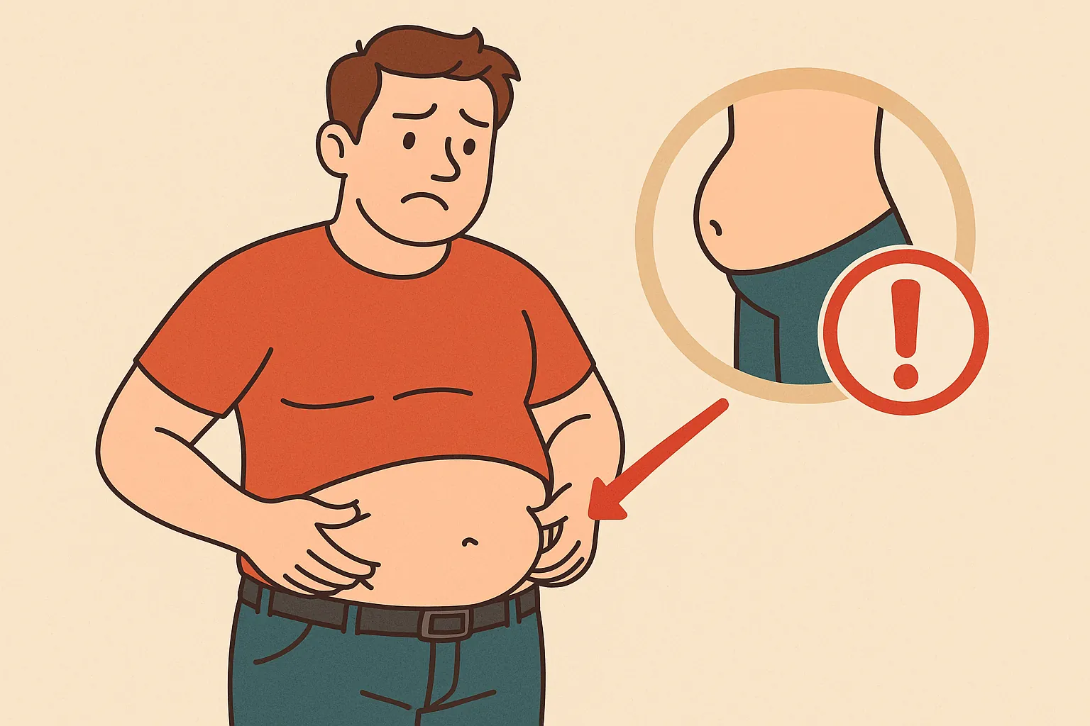 복부에만-살이-찌는-현상을-걱정하는-사람과-뱃살을-집중-표현한-일러스트-건강-경고-시각화