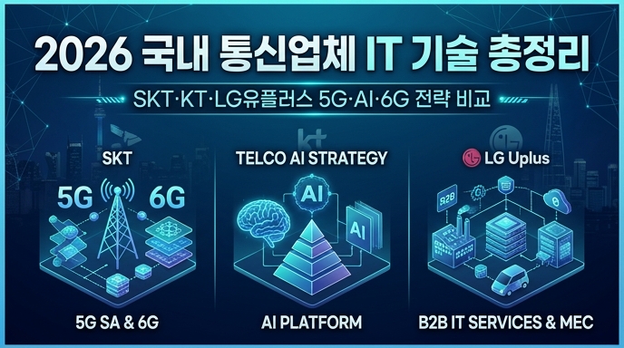 2026년 국내 통신업체 IT 기술 총정리: SKT, KT, LG유플러스의 5G SA, AI 피라미드, 6G 연구를 상징하는 아이콘과 함께 구성된 미래지향적인 썸네일 이미지.