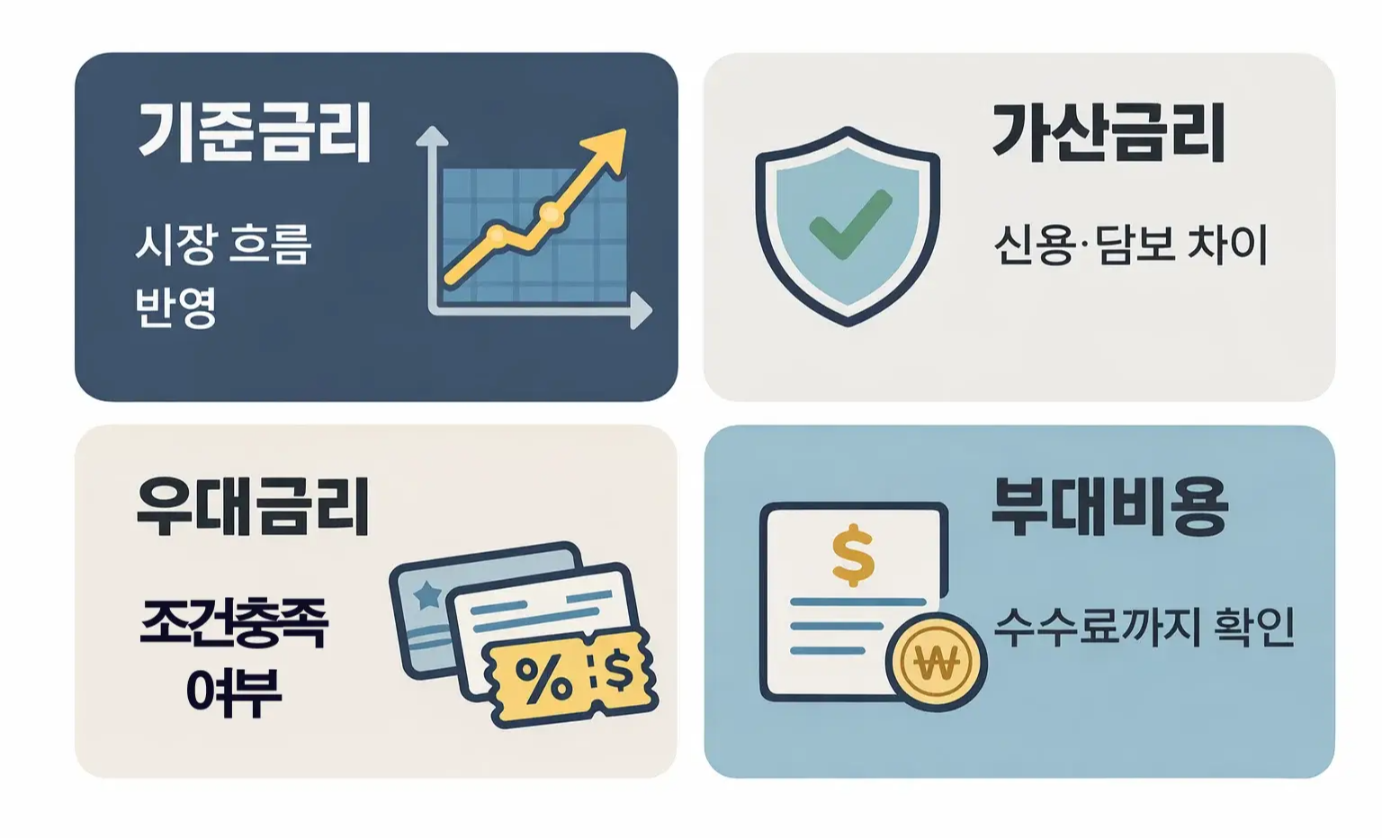 아파트담보대출 금리비교 시 기준금리와 가산금리 및 우대금리와 부대비용까지 함께 봐야 하는 구조를 정리한 이미지