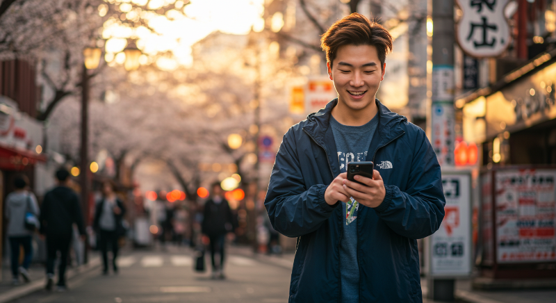일본 도쿄에서 스마트폰으로 eSIM 데이터를 사용하며 여행하는 사람