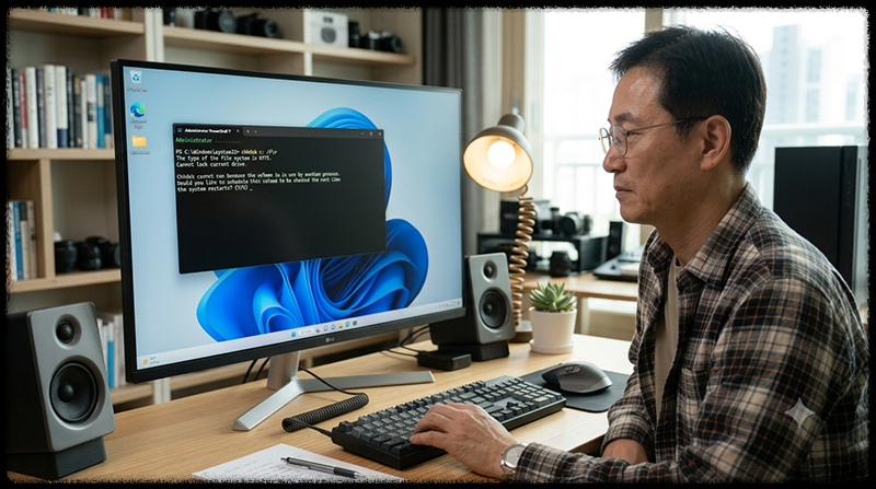 Windows 11에서 chkdsk c f 명령으로 C 드라이브 파일 시스템 오류를 검사하고 복구하는 모습