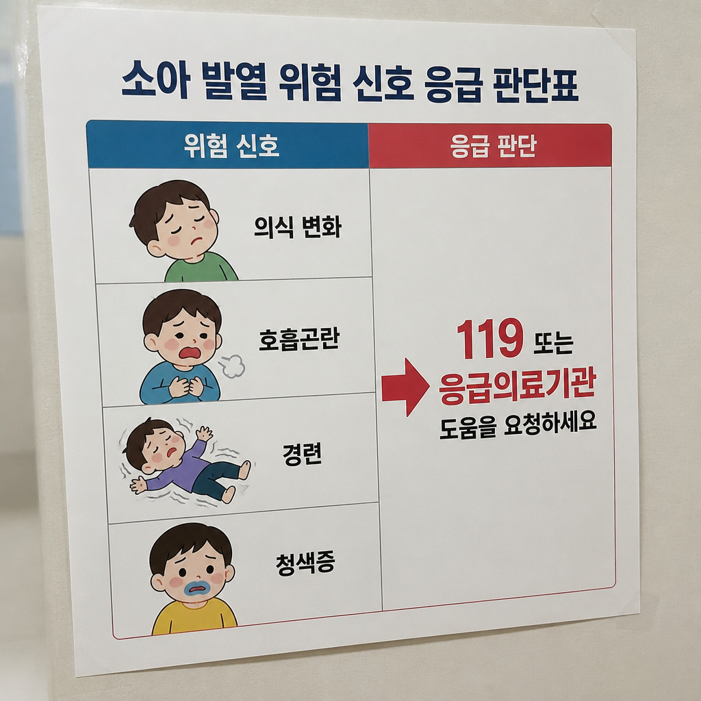 의식 변화와 호흡곤란, 경련, 청색증 때 119 또는 응급의료기관 도움을 요청하라는 판단표