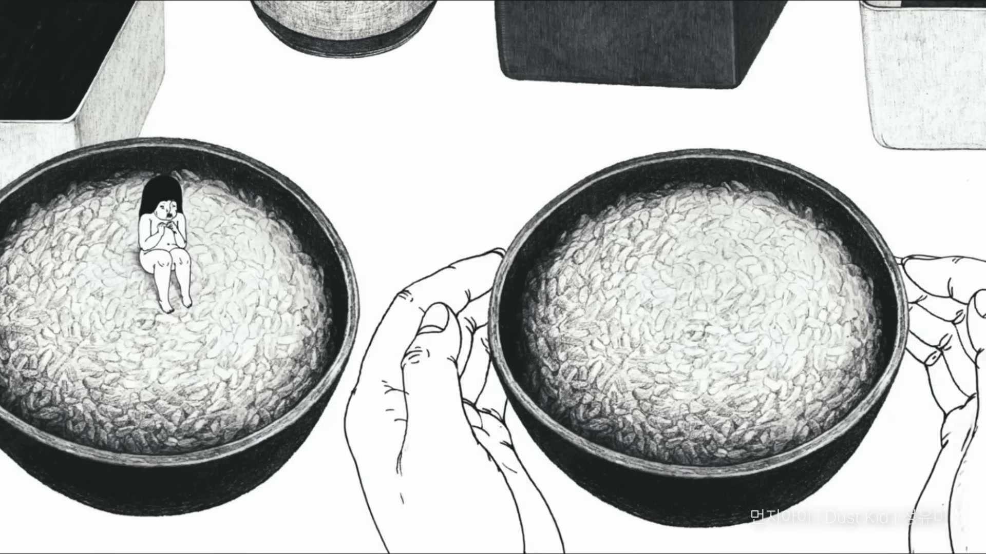 안경 애니메이션의 한 장면. 들판 위에 외따로 서 있는 빨간 지붕의 집이 보인다.