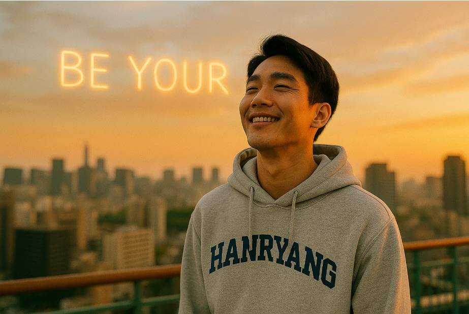 한량 후드를 입고 자유로운 미소를 짓는 청년의 모습, 브랜드 철학을 상징