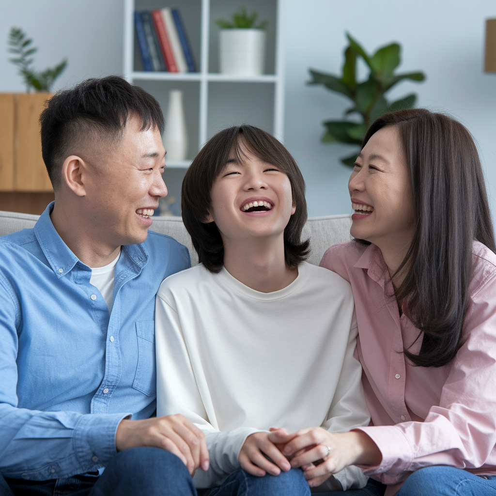 아이와 부모가 서로 웃으며 대화하고 있는 사진