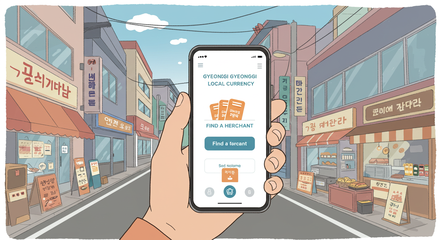 경기북부 오프라인 소비쿠폰 사용 가능 매장과 앱 화면을 함께 보여주는 일러스트