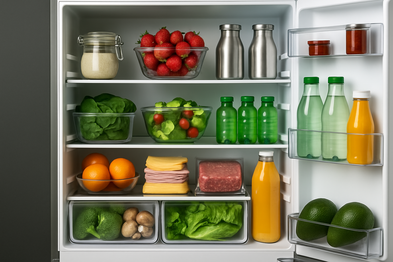 투명 용기에 정갈하게 담긴 신선한 채소와 과일, 주스와 병 음료들이 정리된 깔끔한 냉장고 내부 모습