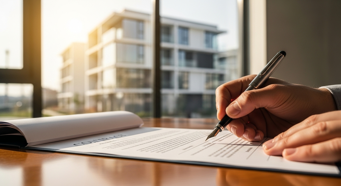 한 사람이 아파트 창밖을 배경으로 부동산 계약서에 서명하며 내 집 마련의 꿈을 이루는 모습