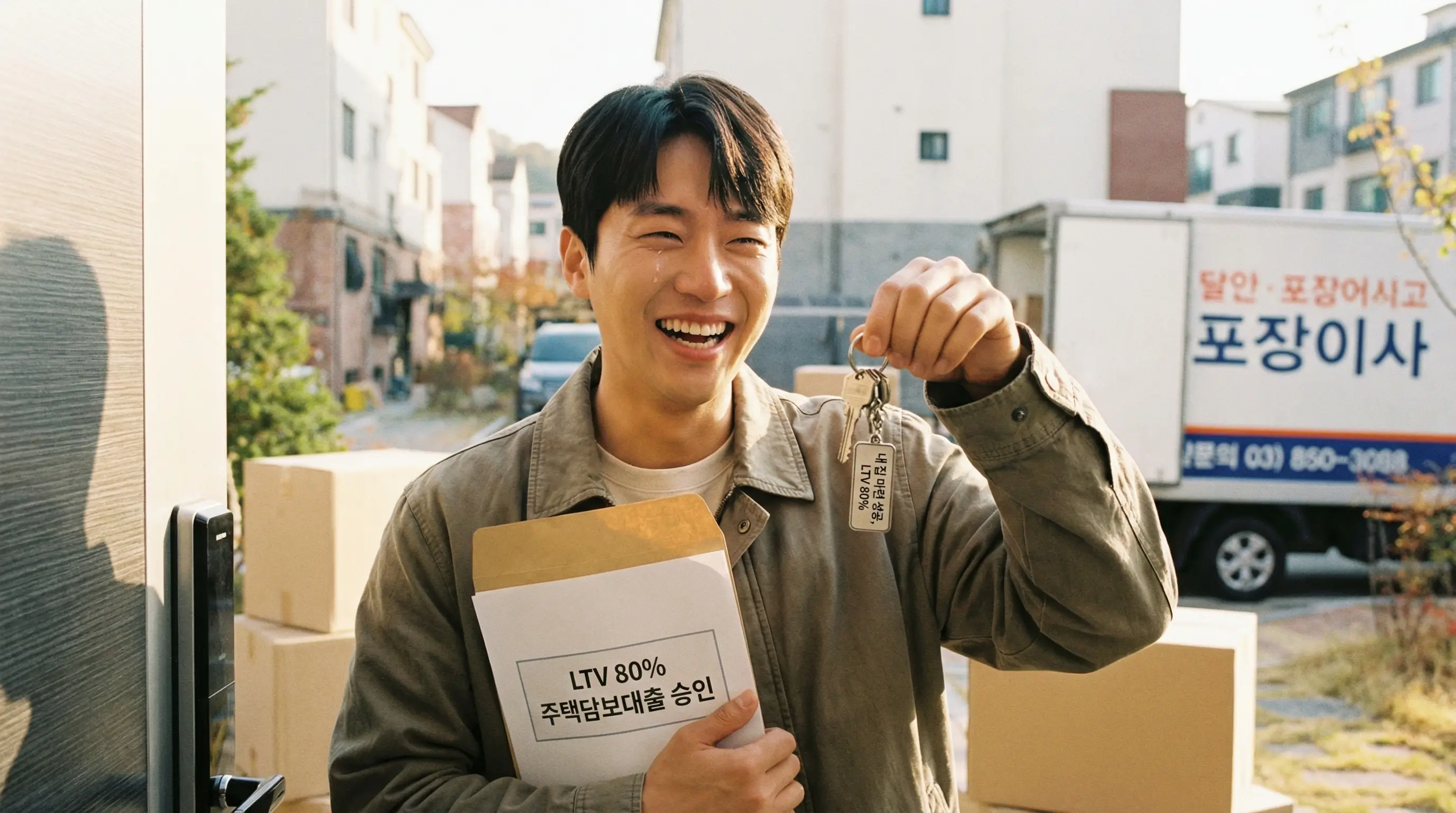 LTV 80% 대출을 활용하여 내 집 마련에 성공하고 열쇠를 쥐며 기뻐하는 청년의 모습