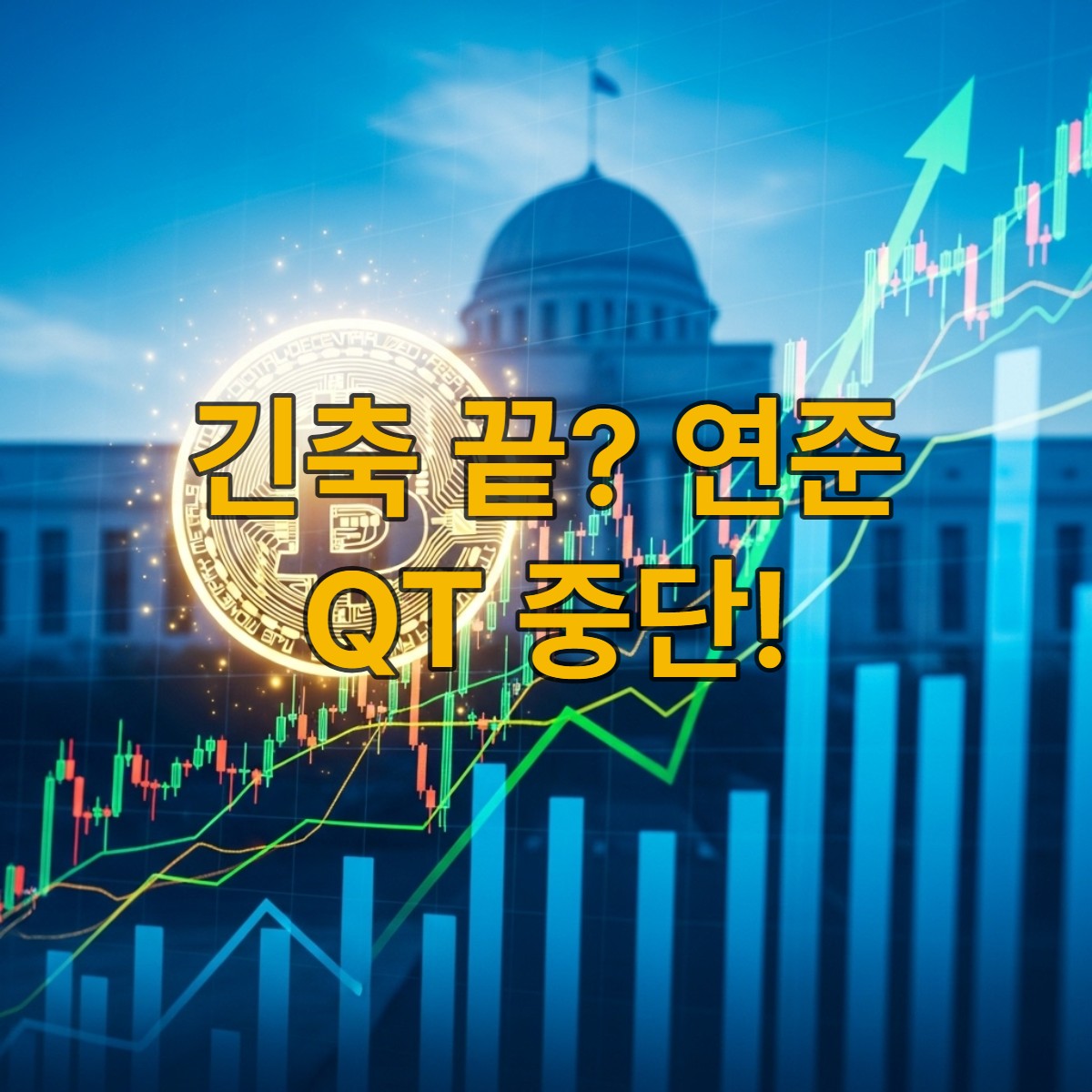 연준의 양적긴축 중단 발표 후, 상승하는 주식 시장 차트와 빛나는 비트코인 심볼이 어우러진 활기찬 금융 시장의 모습