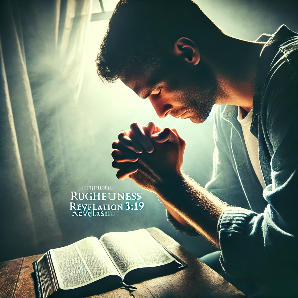 계시록 3:19 말씀을 묵상하며 하나님의 의를 이루기 위한 강한 열정을 가지고 간절히 기도하는 모습을 담은 그림이 있습니다. 조용한 방 안에서 성경을 펼쳐 놓고 무릎을 꿇고 기도하며, 깊은 간구 속에서 주님의 임재를 경험하는 모습이 표현되었습니다. 🙏✨