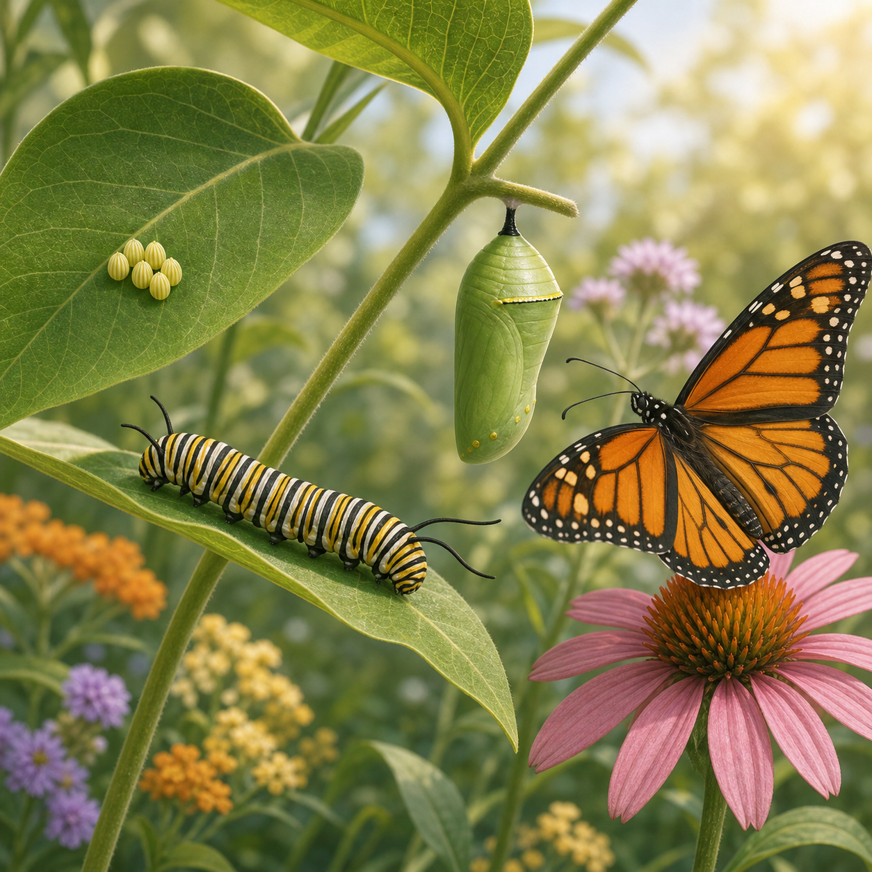 A butterfly life cycle scene with eggs, caterpillar, chrysalis, and adult butterfly