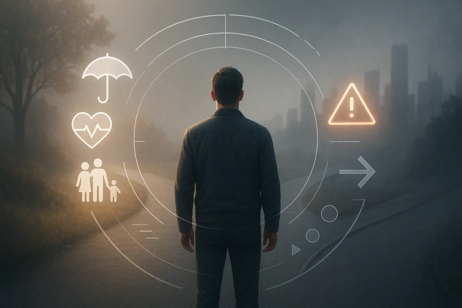두 갈래 길에서 선택을 고민하는 사람과 보험 상징들이 어우러진 현대적 인포그래픽