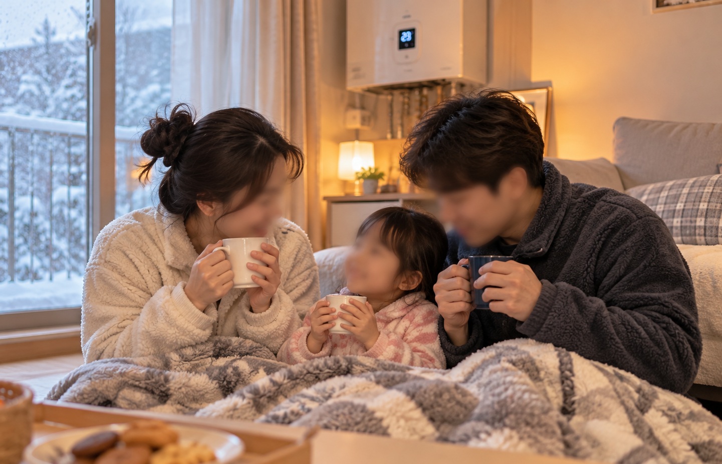 눈 내리는 겨울날 따뜻한 거실에서 부모와 아이가 차를 마시며 휴식하는 가족의 모습