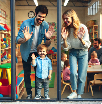 어린이집에서 부모님과 함께 있는 아이의 모습 관련 사진