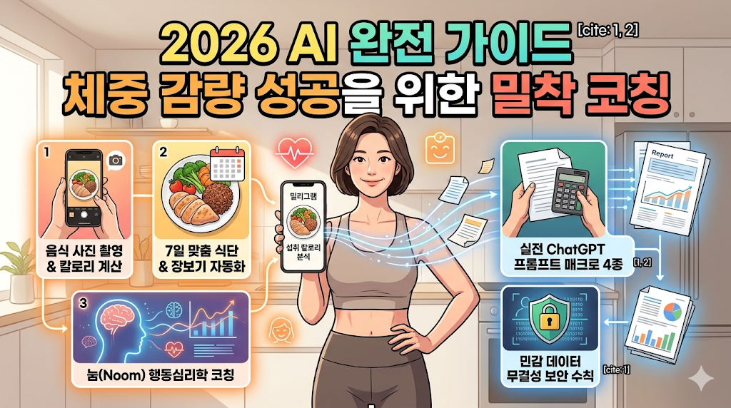 '2026 AI 완전 가이드' 및 '체중 감량 성공을 위한 밀착 코칭' 가이드의 요약된 인포그래픽 썸네일로, 건강한 여성이 브라탑 차림으로 스마트폰을 들고 있으며, 그 주변으로 AI가 음식 사진을 촬영해 칼로리를 계산하고, 7일 맞춤 식단과 장보기 목록을 자동화하고, 행동 심리학 코칭(눔)을 제공하며, 맞춤 식단 프롬프트 매크로와 민감 데이터 보안 수칙을 설명하는 정보가 깔끔하게 정리되어 있습니다.