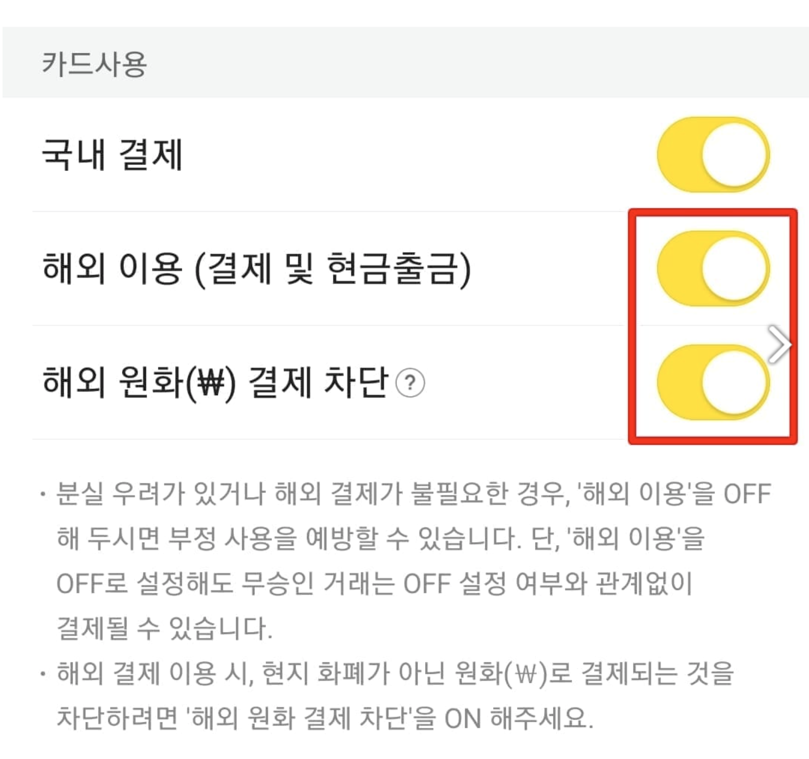 카카오뱅크 해외원화결제 차단 및 해외결제 사용