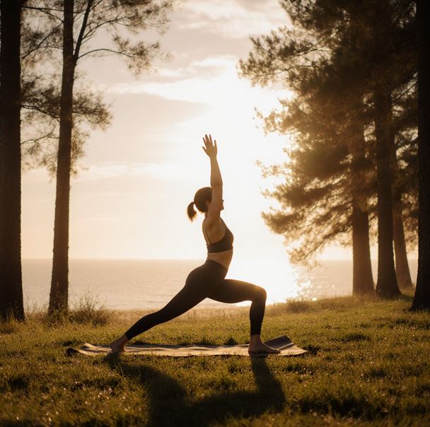 숲의 자연 속에서 요가 하는 사람의 모습
