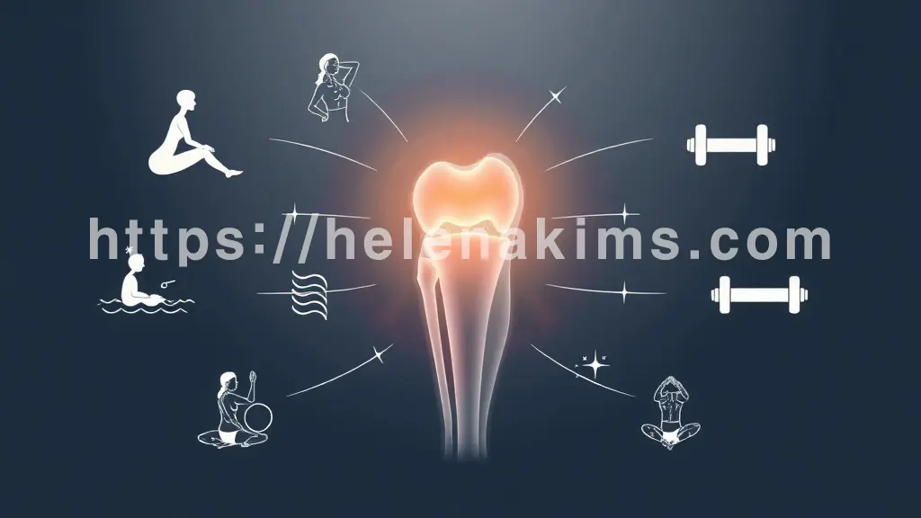 중앙에 건강한 무릎 관절의 투명한 실루엣. 관절 주변으로 유연한 요가 동작, 잔잔한 수영 물결, 그리고 가벼운 아령 아이콘들이 부드럽게 감싸듯 배치되어 있다.