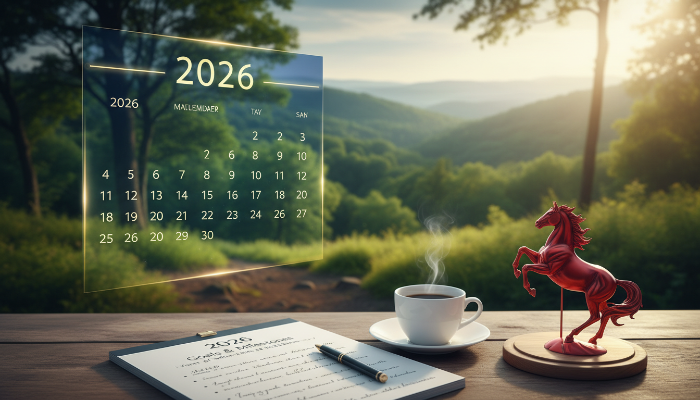 2026년 공휴일과 연차 계획을 세우기 위한 세련된 달력과 자연 풍경 이미지