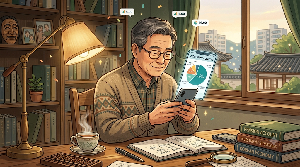 저녁 식탁에서 스마트폰으로 IRP 계좌 비율을 여유롭게 확인하는 50대 가장