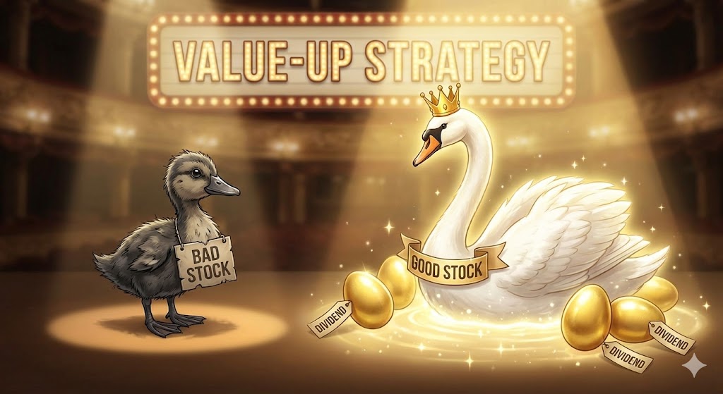 낡은 옷을 입은 미운 오리 새끼(나쁜 주식)가 화려한 백조(좋은 주식)로 변해 황금알을 낳는 모습