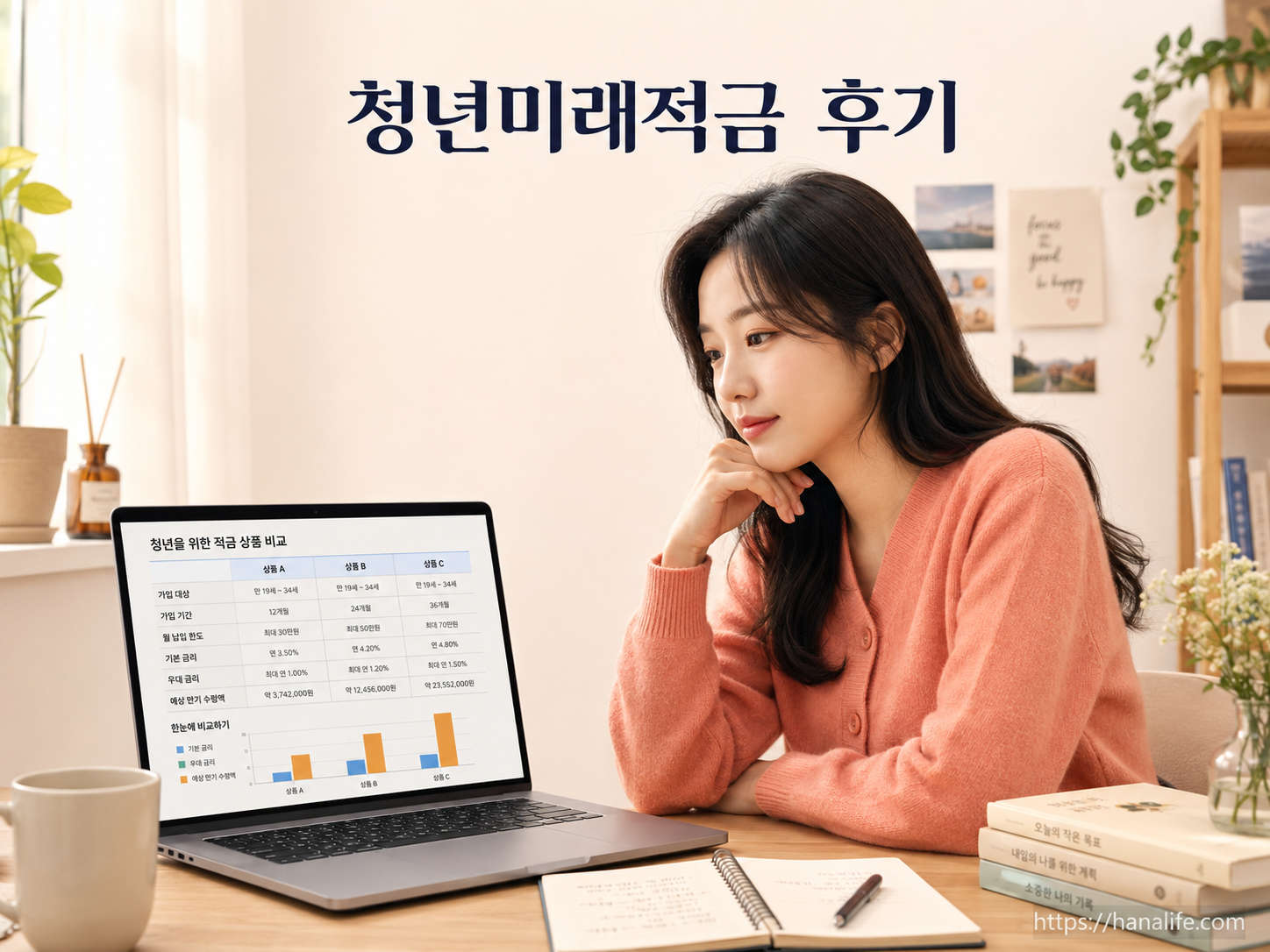 청년이 노트북 앞에서 각 시중은행의 청년미래적금 우대 금리 스펙과 정부 기여금 혜택을 꼼꼼하게 비교 검토하는 모습
