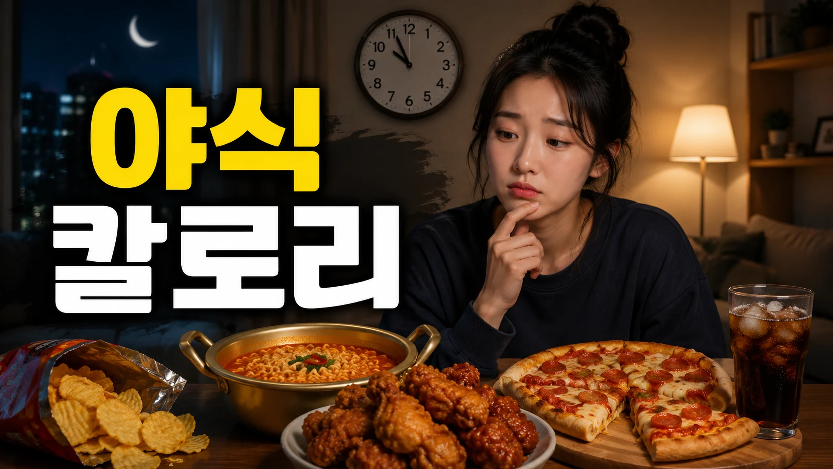 늦은 밤 시계를 보며 라면, 치킨, 피자 등 야식 메뉴를 고민하는 여성의 모습과 야식 칼로리 텍스트