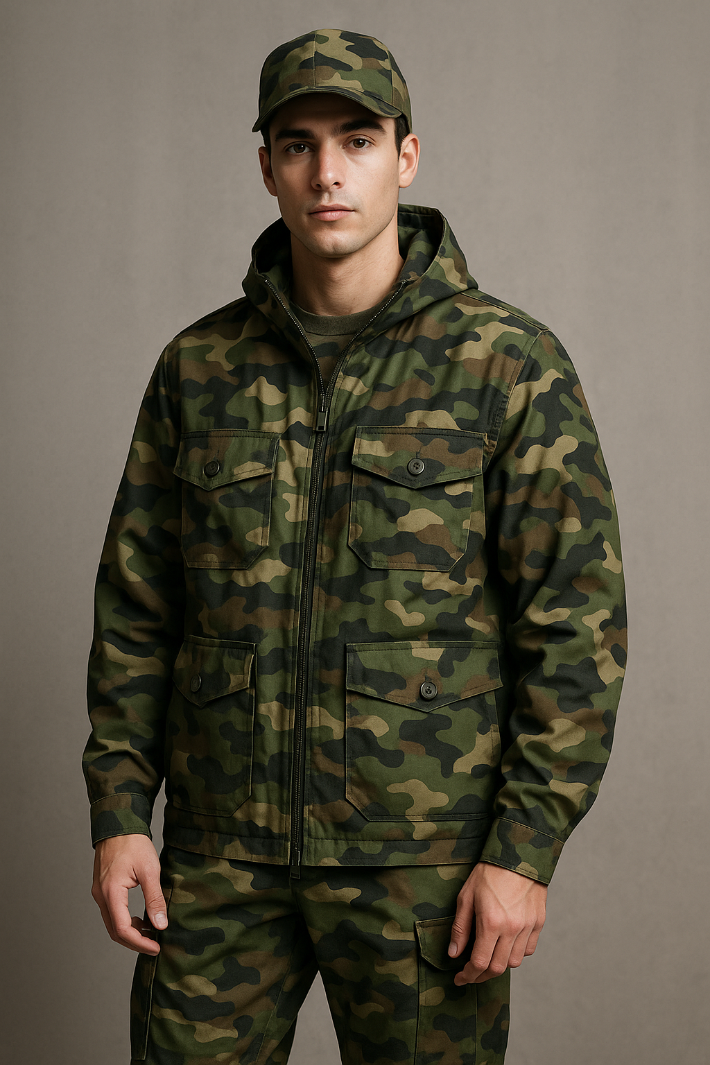 남성이 초록과 갈색이 섞인 우드랜드 카모플라주 자켓과 바지를 입고 모자를 착용한 채 정면을 응시하는 모습