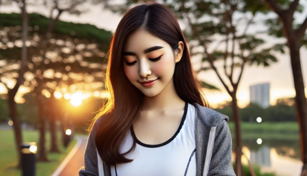 저녁 공원을 산책하는 차분한 분위기의 여성