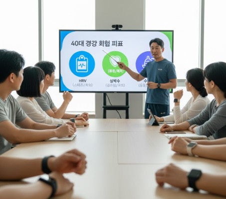 40대 남여가 스마트 워치의 건강 지표 활용법에 대한 강의를 듣고 있다