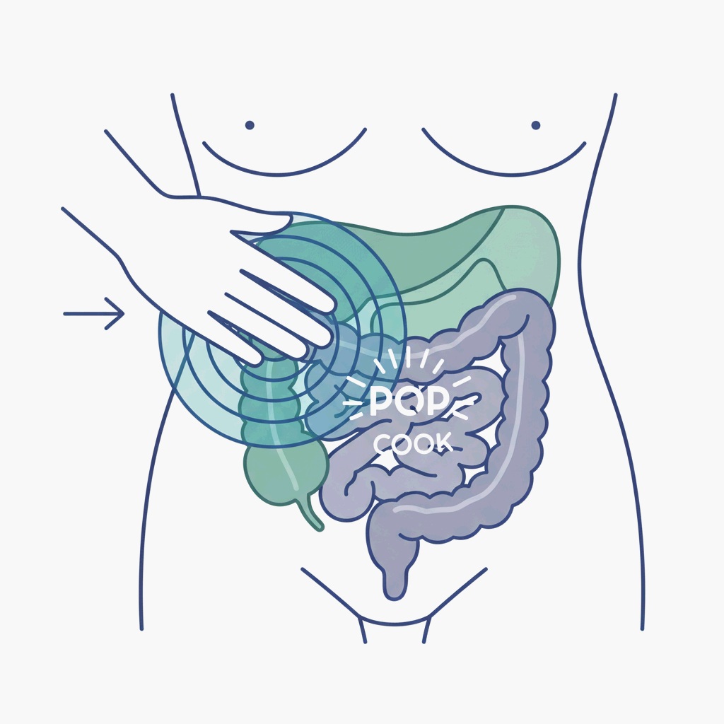 배를 눌렀을 때 ‘쿡’ 하고 압력감이 생기는 모습을 표현한 일러스트레이션