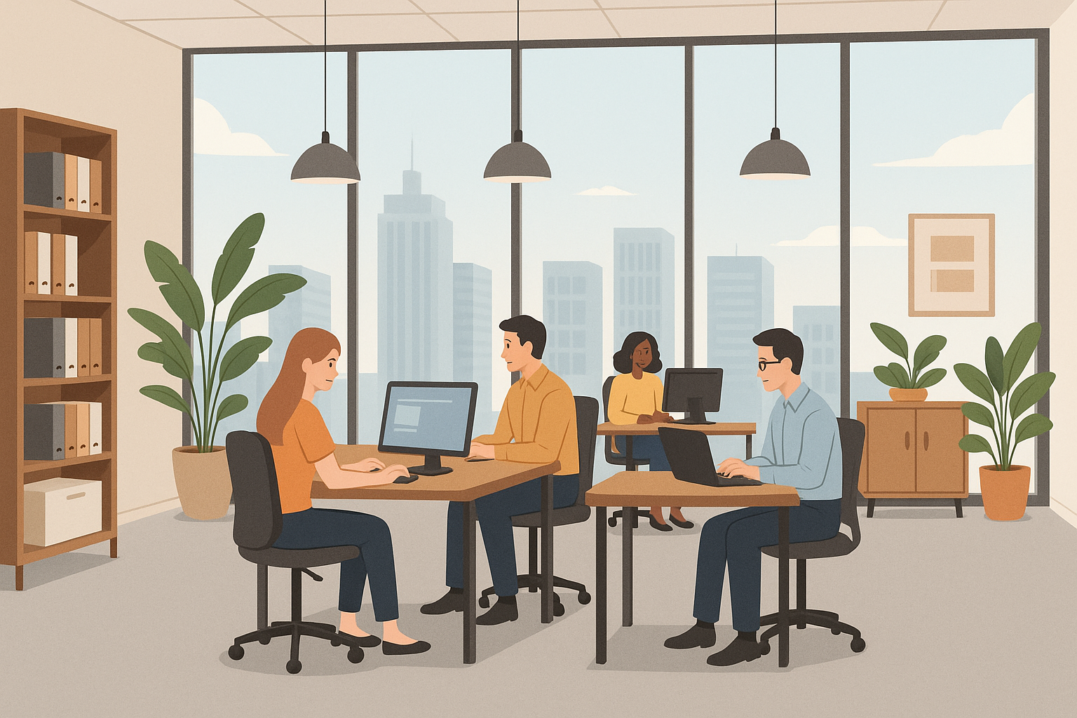 생산성 중심 사무실 인테리어 일러스트, 오픈 오피스와 직원들, 식물과 대형 창문