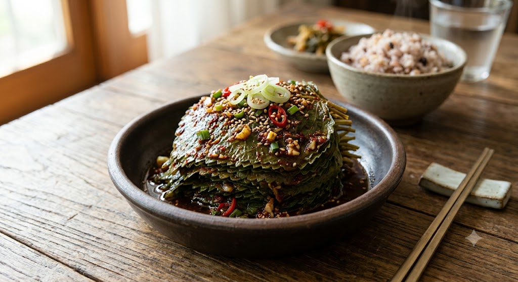 깻잎과 두부를 무쳐 만든 깻잎 두부 무침이 짙은 갈색 접시에 담겨 있는 모습. 배경에는 잡곡밥, 물컵, 젓가락이 놓여 있다. 시각 장애인을 위해 깻잎과 두부를 무쳐 접시에 담아낸 깻잎 두부 무침의 모습을 구체적으로 설명하는 대체텍스트입니다.