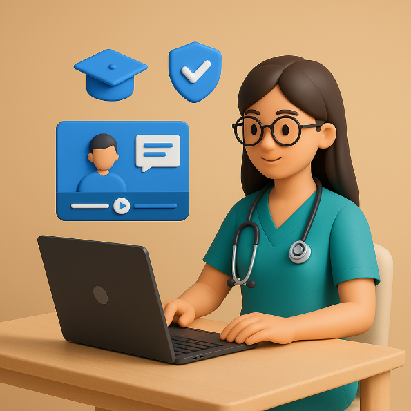 노트북 앞에서 KOHI 의무교육을 수강 중인 여성 복지 종사자의 3D 일러스트