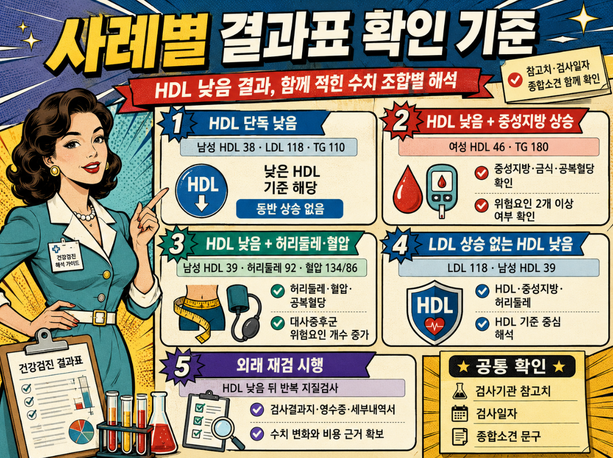 HDL 낮음 결과 조합별로 중성지방, 허리둘레, 혈압, 외래 재검 확인 기준을 정리한 사례별 인포그래픽