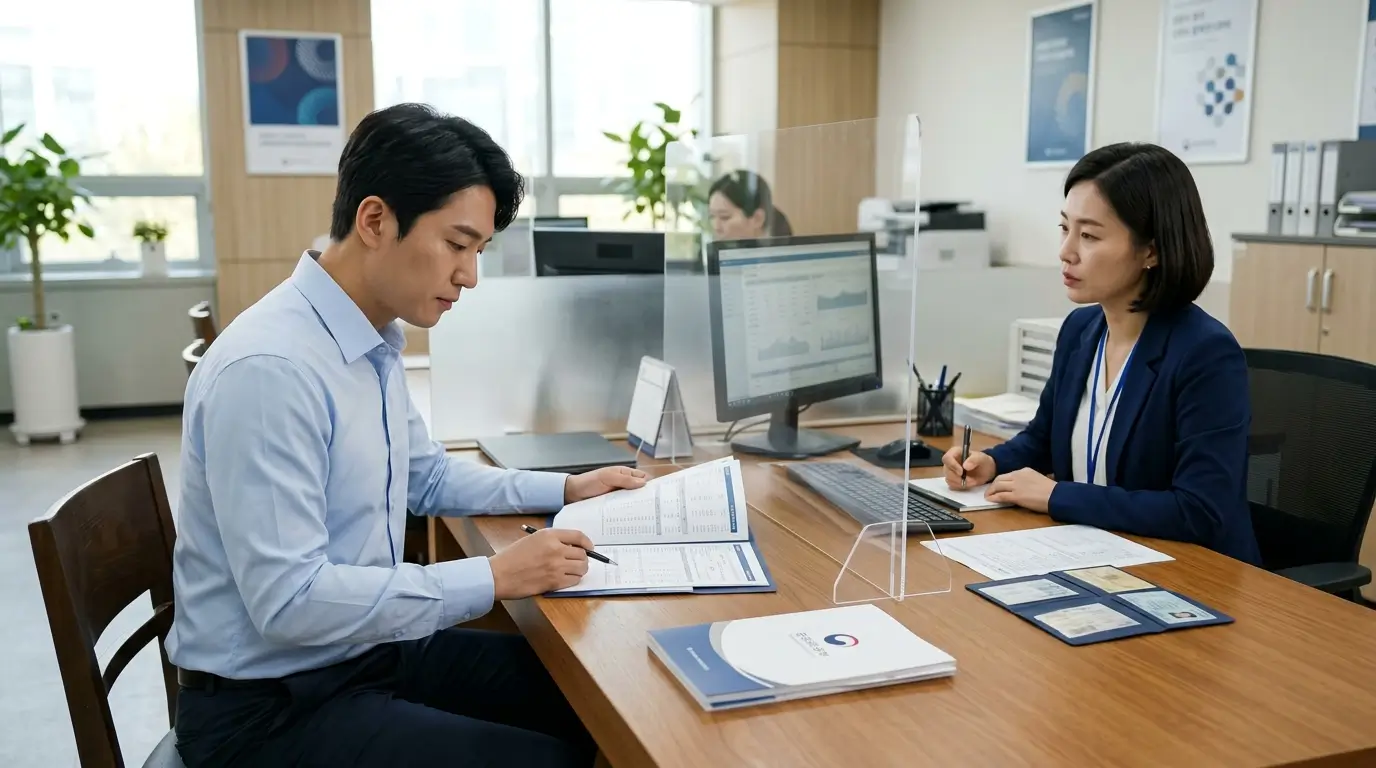 한국의 정돈된 금융 컨설팅 센터 창구에서 상담원이 태블릿 PC를 활용해 신용카드소지자대출 심사 자격 요건을 진지하게 소명하는 장면