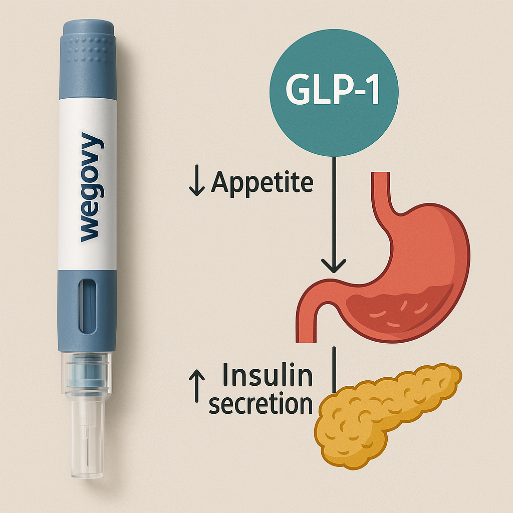 주사제 이미지와 GLP-1 호르몬 작용을 보여주는 다이어그램