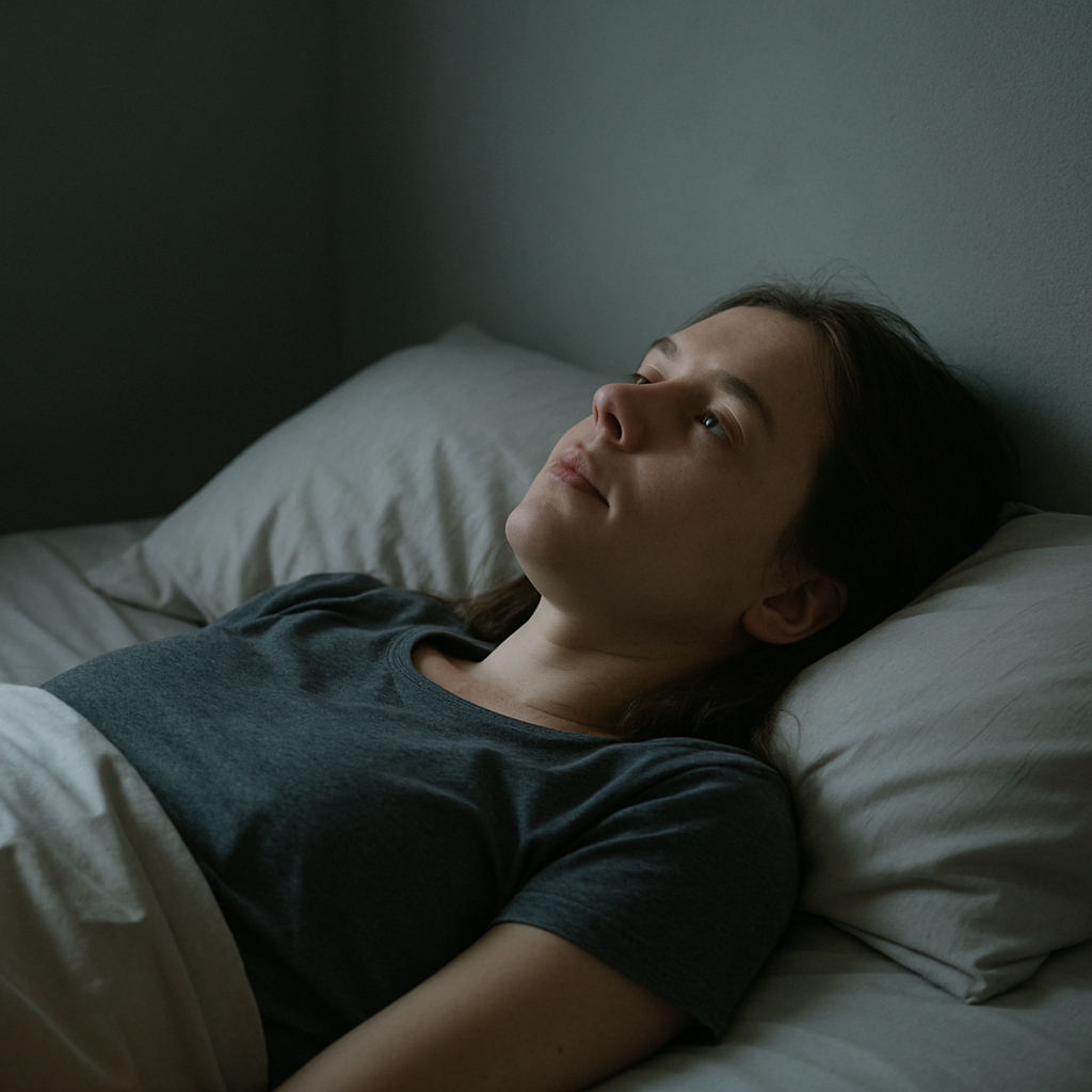 조용한 공간, 침대에 누운 채 천장을 바라보는 사람, 정적이고 감정적인 분위기
침대에 누운 사람, 정적인 분위기, 번아웃된 표정