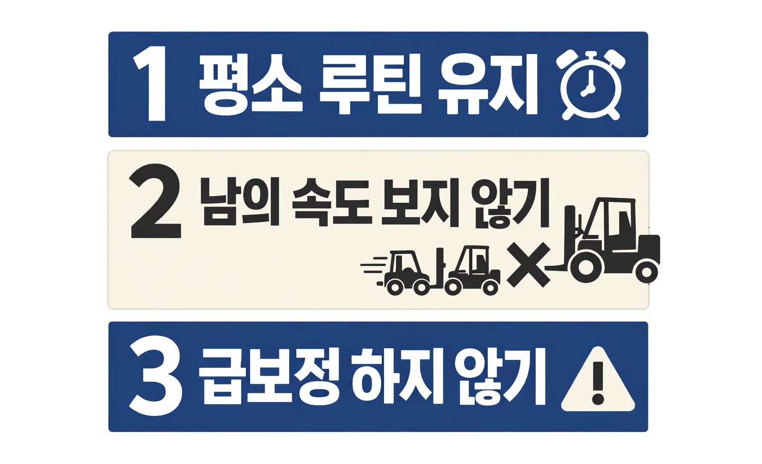 지게차운전기능사 실기 합격을 위해 평소 루틴 유지와 속도 조절, 급보정 방지처럼 시험 당일 실수를 줄이는 기준을 정리한 인포그래픽 이미지