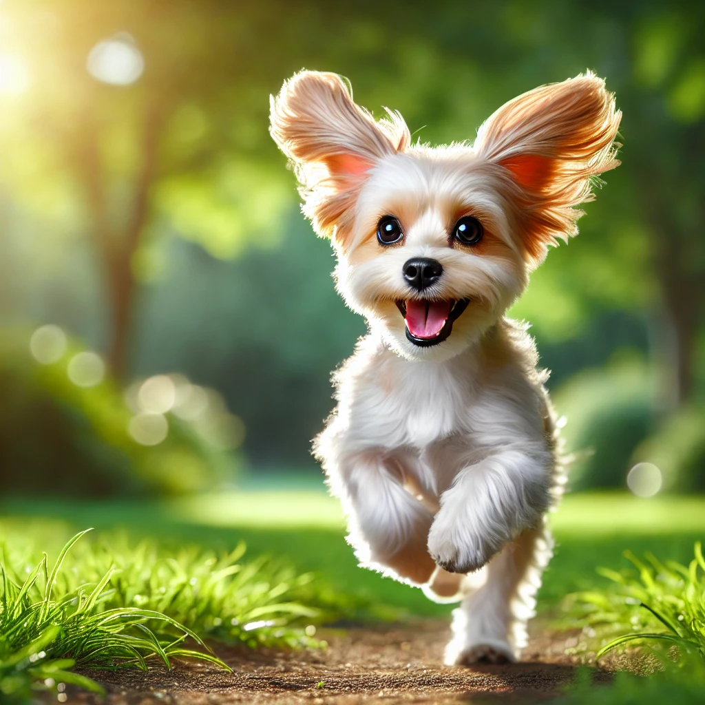 초록색 공원에서 신나게 뛰어가는 소형견