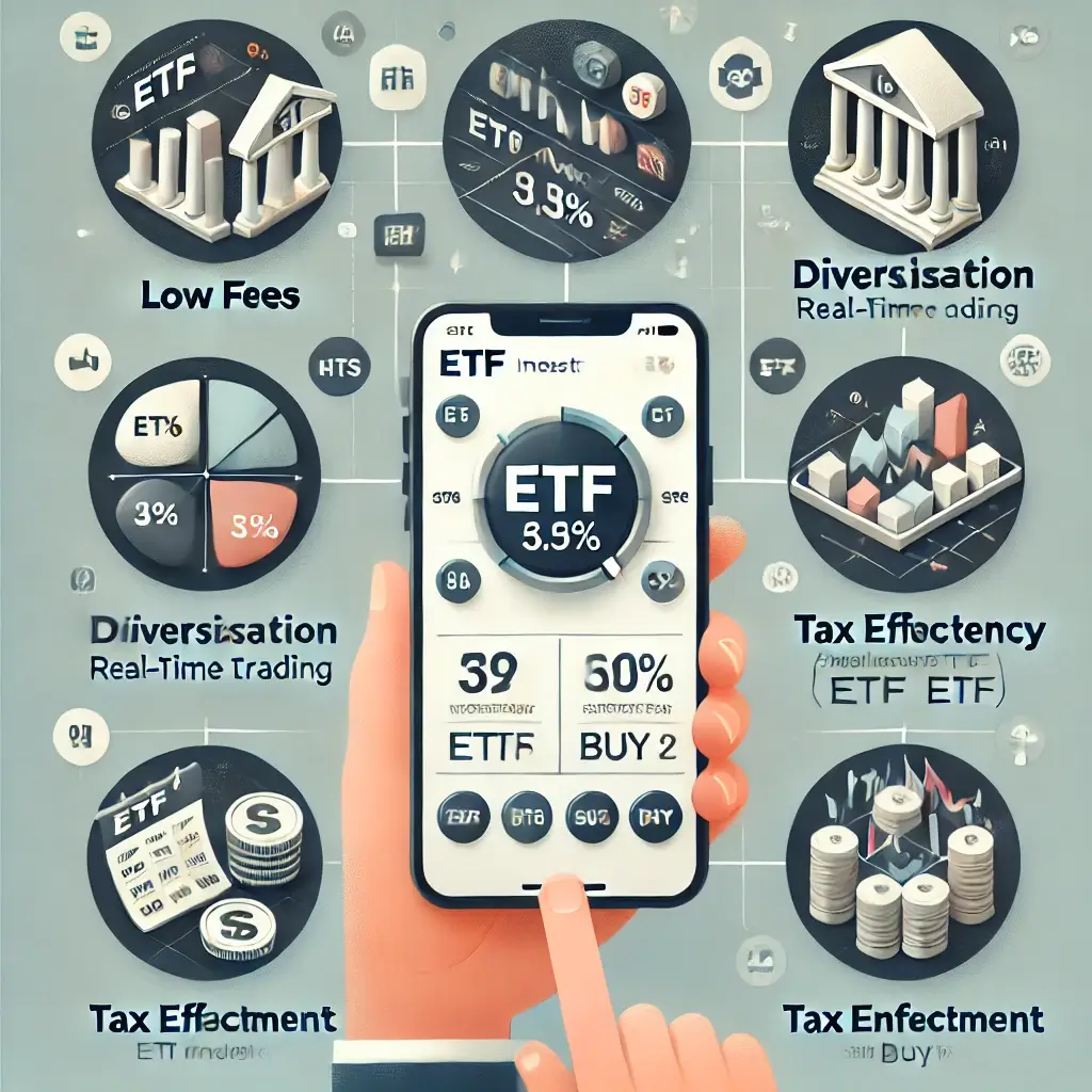 아이콘으로 표시된 ETF 투자의 장점,낮은수수료