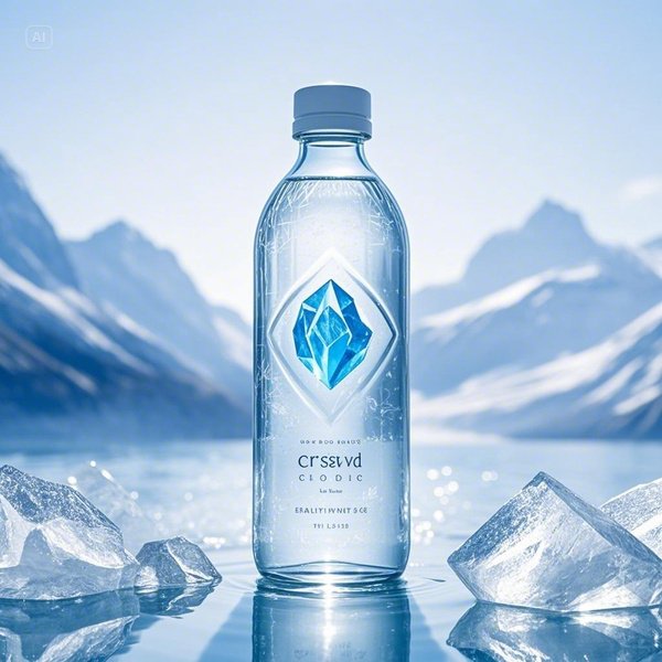 투명한 유리병에 담긴 맑은 빙하수와 다양한 미네랄을 상징하는 아이콘들, 빙하수를 활용한 건강 음료 레시피 이미지