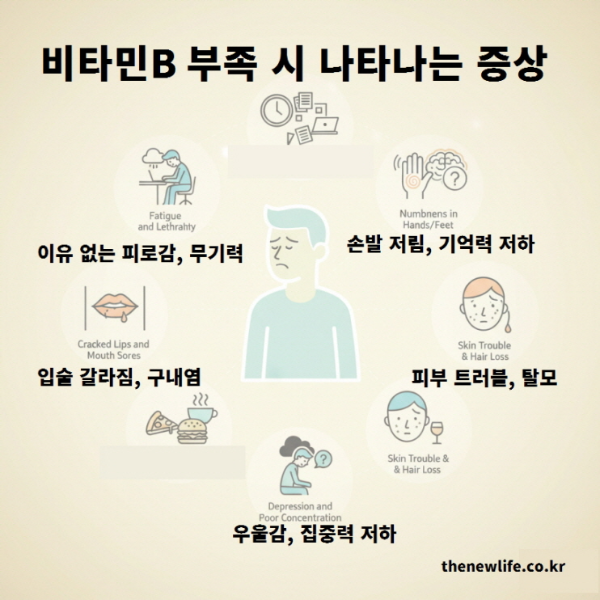 비타민B 부족 시 나타나는 주요 증상을 설명한 인포그래픽 &ndash; 피로감, 입술 갈라짐, 손발 저림, 피부 트러블, 탈모, 우울감 등 비타민B 결핍으로 인한 신체 변화와 원인을 시각적으로 표현했습니다.