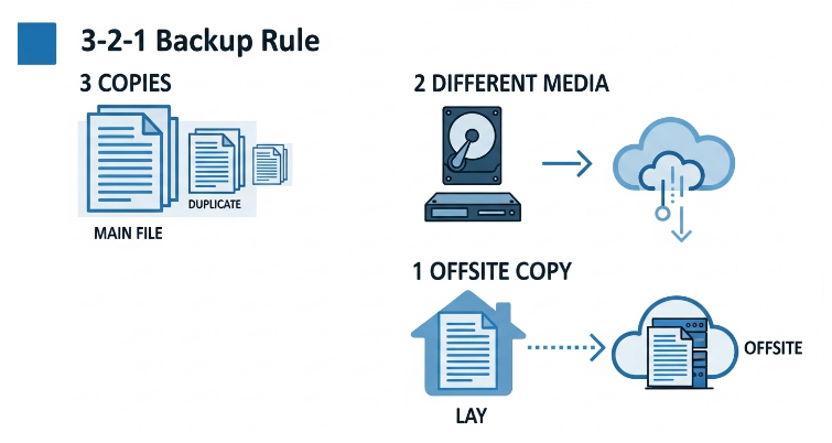 3-2-1 백업 규칙을 시각적으로 설명하는 인포그래픽: 3개의 사본, 2가지 다른 매체, 1개의 외부 보관