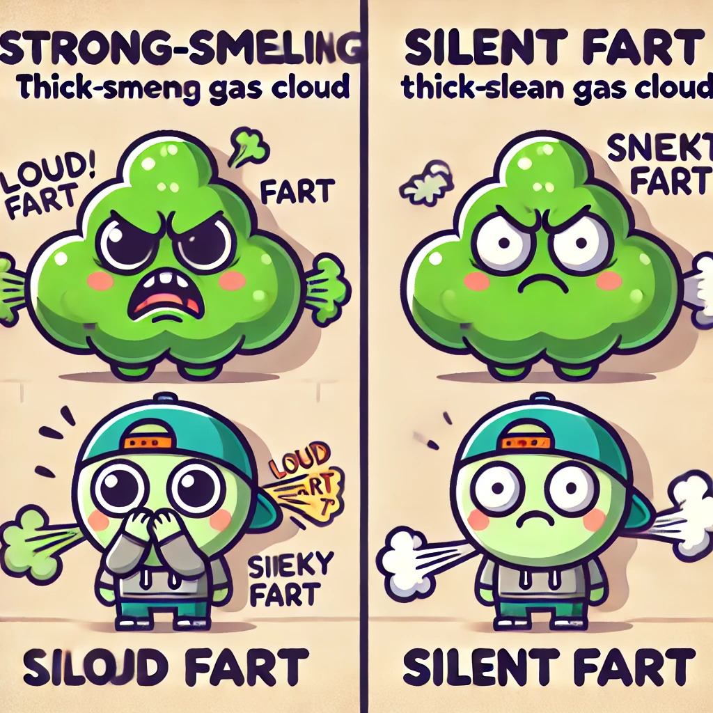 방귀 냄새의 정도와 소리 크기를 비교해서 표현한 이미지