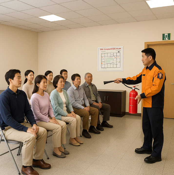 관리사무소에서 입주민 대상 화재 대피 훈련을 실시하는 모습