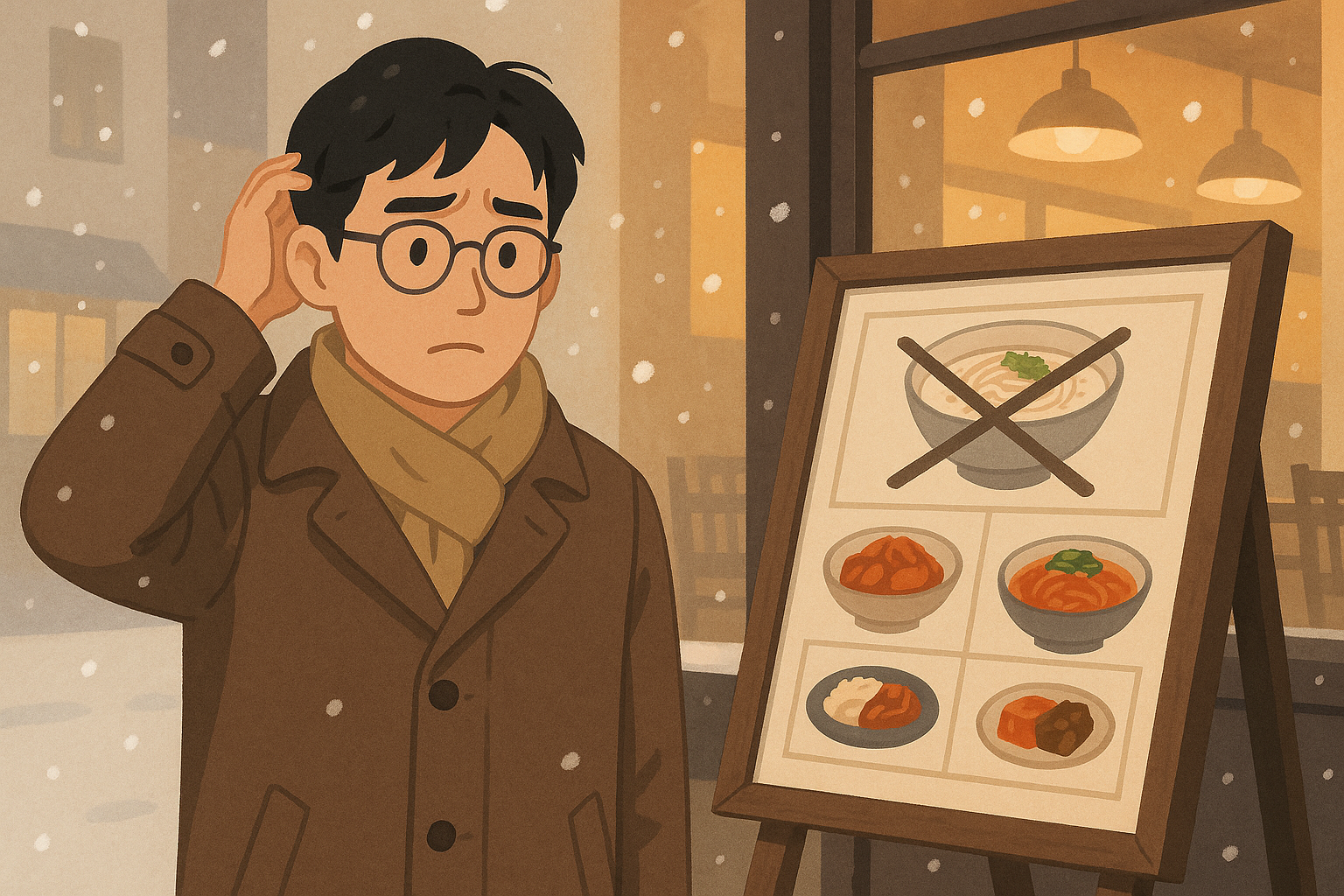 겨울에 콩국수 메뉴가 없어서 난감해 하는 남자 일러스트