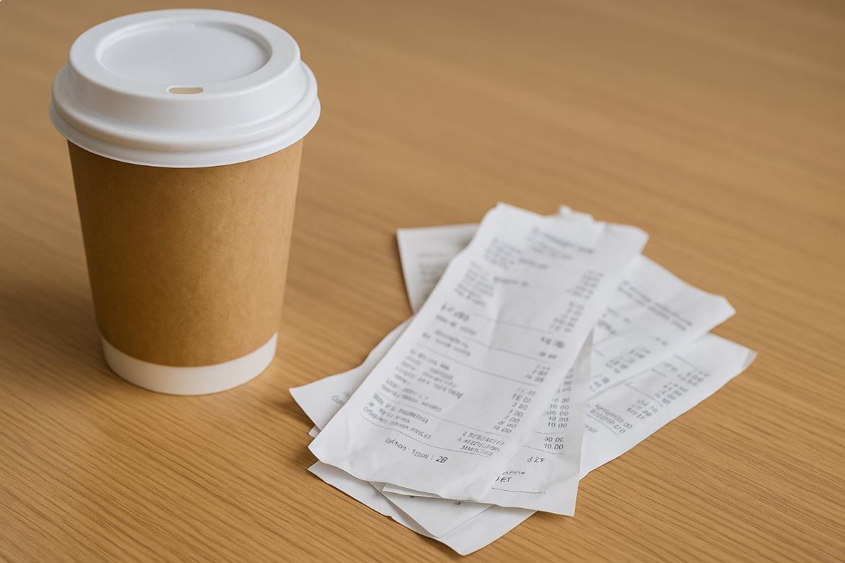 커피, 배달 음식 영수증이 테이블 위에 쌓여 있는 모습